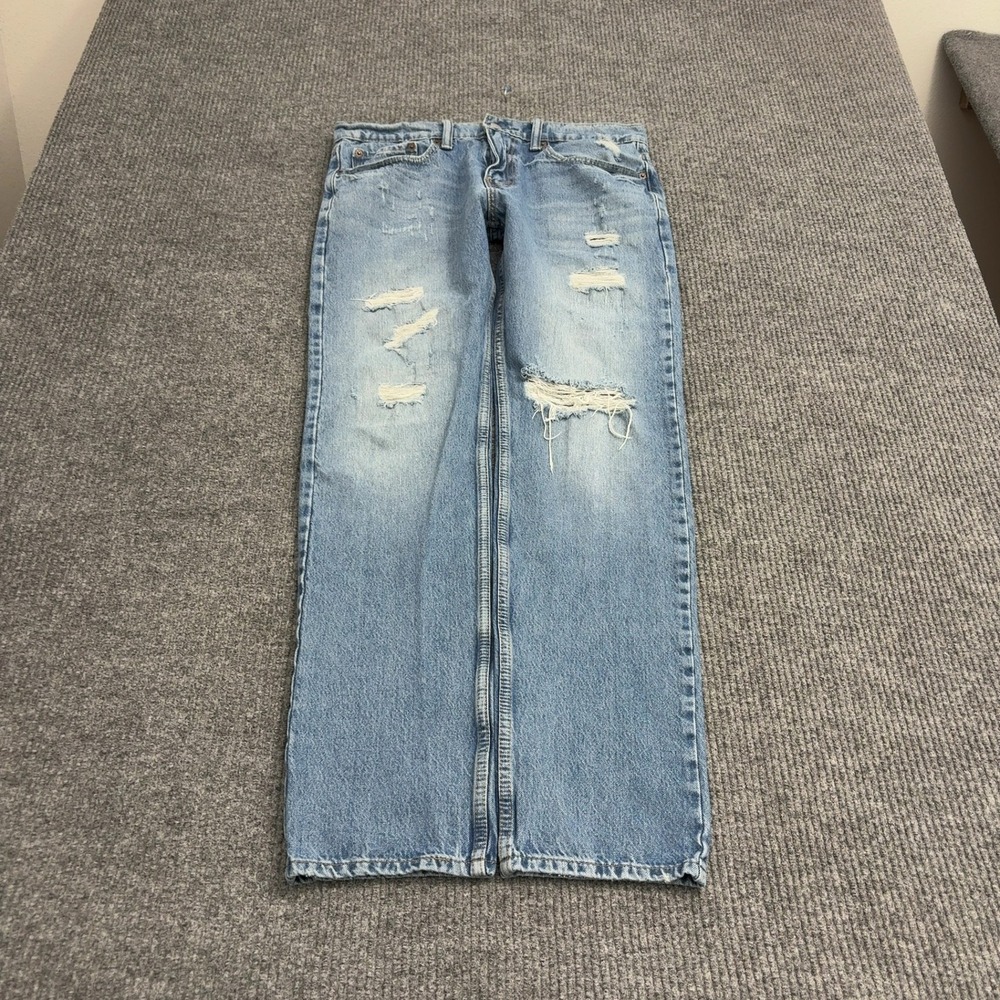 Levis 502 Jeans Mens 32x34 Light Blue Cotton Denim Distressed Taper Streetwear